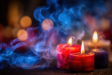 Dramatic close-up of colorful candles igniting at midnight, surrounded by swirling smoke and soft, warm lighting to evoke celebration