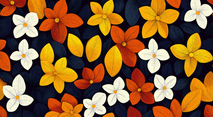 Colorful floral pattern featuring vibrant flowers and leaves in shades of yellow, orange, and white against a dark background 