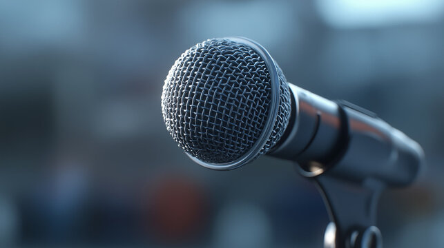 Metallic microphone in close-up with blurred background