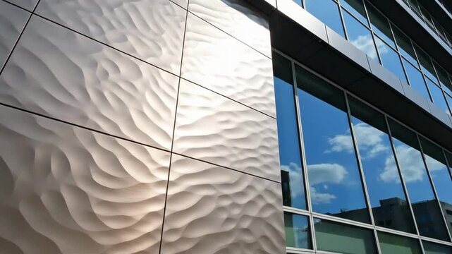 Modern Office Building Architectural Panels - This medium shot highlights the textured aluminum panels installed on a contemporary office building, capturing the detail and design under bright