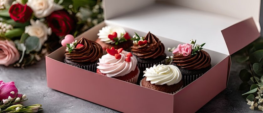 Colorful cupcakes with hearts ready for valentines day celebration in a pink box with flowers in the background