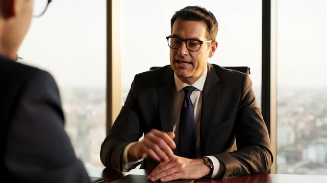 Serious businessman in suit and glasses talking to another person during a meeting in a highrise office with city view