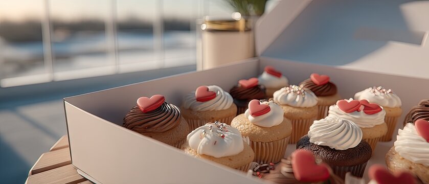 Colorful cupcakes with hearts in an open box for a Valentine's Day celebration on a sunny day - Powered by Adobe