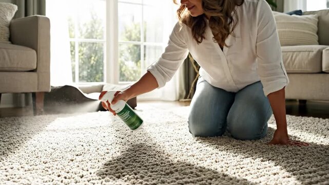 Homeowner Spraying Carpet Cleaner - A woman sprays a textured carpet with a hypoallergenic carpet spray to minimize dust mite and pet dander buildup.