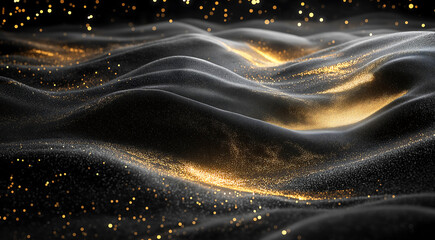 Abstract close-up of textured black surface with shimmering gold particles 