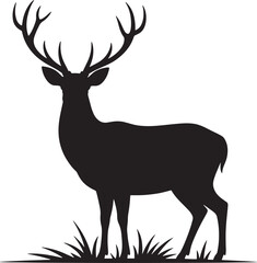 Silhouette of deer with antlers standing in grass on transparent background art