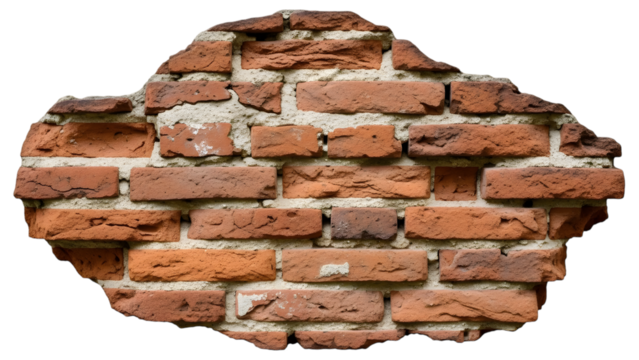 Fragment of weathered red brick wall with rough mortar texture isolated on a transparent background image