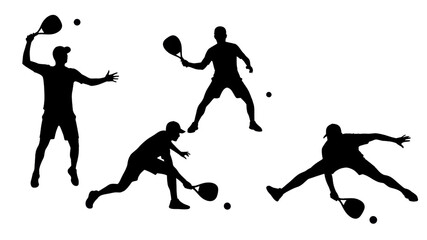Dynamic silhouettes of athletes playing paddleball in various action poses on an isolated
