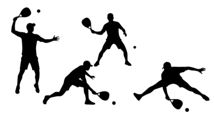 Dynamic silhouettes of athletes playing paddleball in various action poses on an isolated