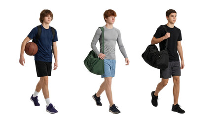 Three adolescent students with sports equipment isolated against a transparent backdrop