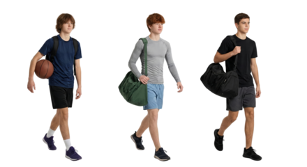 Three adolescent students with sports equipment isolated against a transparent backdrop