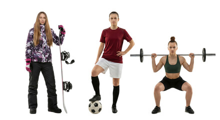 Diverse athletic women showcasing winter snowboarding, soccer football, and weightlifting