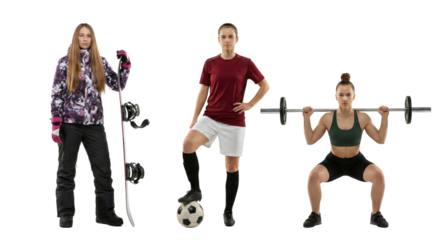 Diverse athletic women showcasing winter snowboarding, soccer football, and weightlifting