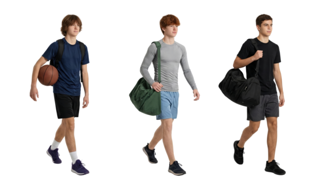 Three adolescent students with sports equipment isolated against a transparent backdrop