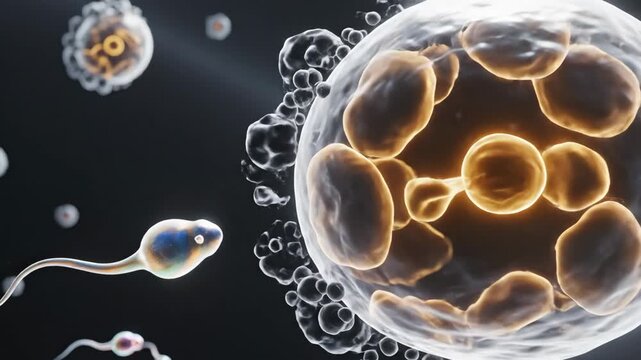 Microscopic View of Egg Cell Fertilization - A detailed microscopic animation shows an egg cell surrounded by smaller cells, with sperm cells approaching in the dark background.