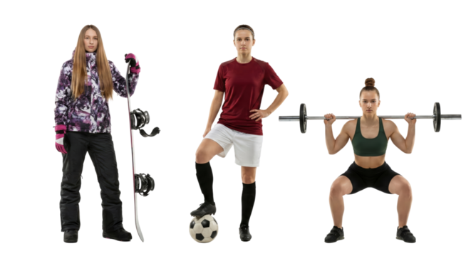 Diverse athletic women showcasing winter snowboarding, soccer football, and weightlifting