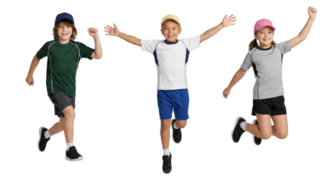 Enthusiastic children exuding energy, joy, and vitality in a dynamic jump, isolated for creative