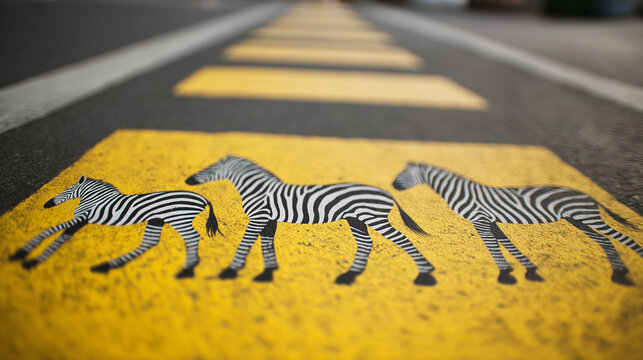 Zebra figures crossing yellow road markings