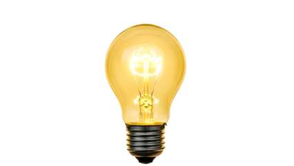 Glowing incandescent light bulb with visible filament and metal screw base isolated on a transparent background