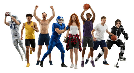 Diverse athletes showcasing various sports in a vibrant energetic studio arrangement