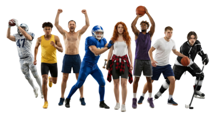 Diverse athletes showcasing various sports in a vibrant energetic studio arrangement