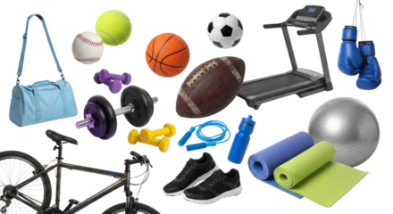 Collection of diverse sporting goods floating on an isolated transparent background showcasing