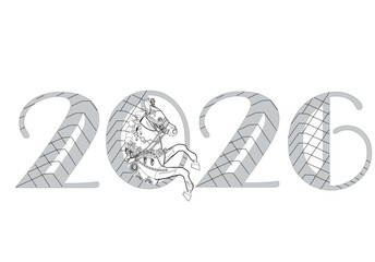 Design of Lettering New Year of 2026 decorated with a horse. Hand drawn vector illustration.