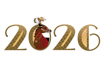 Design of Lettering New Year of 2026 decorated with a horse. Hand drawn vector illustration.