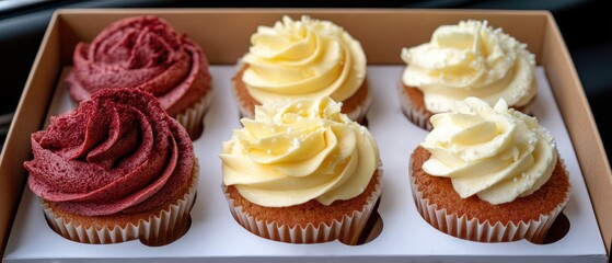 Valentines day cupcakes in red and white box with close-up view showing high detail and decoration