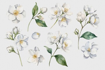 Jasmine watercolor clipart. Hand Drawn Watercolor Jasmine Flowers and green leaves isolated on white background.