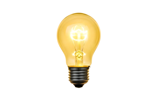 Glowing incandescent light bulb with visible filament and metal screw base isolated on a transparent background