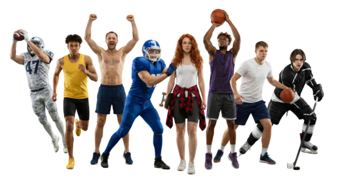 Diverse athletes showcasing various sports in a vibrant energetic studio arrangement