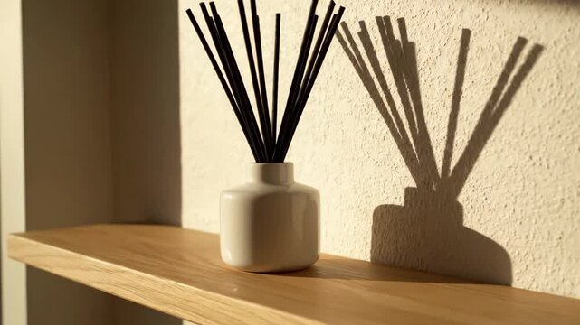 Minimalist Reed Diffuser Home Decor - A white reed diffuser sits on a simple wooden shelf, illuminated by natural light streaming through a window.