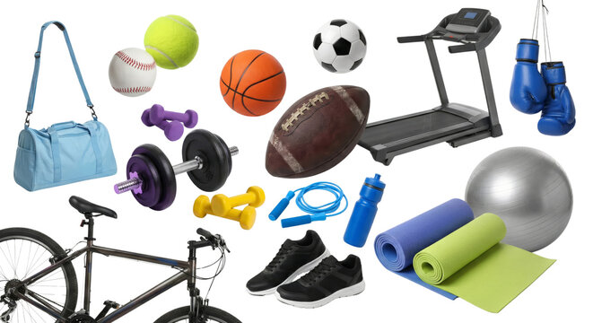 Collection of diverse sporting goods floating on an isolated transparent background showcasing