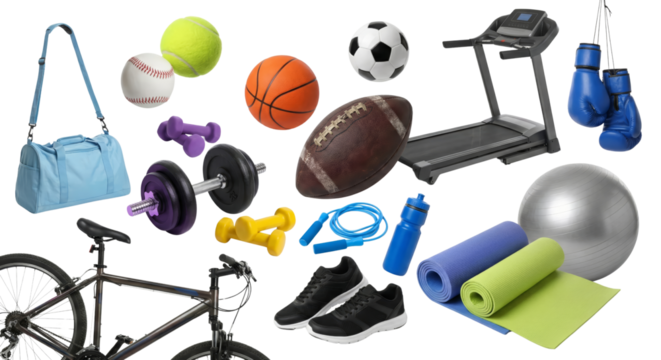 Collection of diverse sporting goods floating on an isolated transparent background showcasing