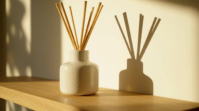 Minimalist Home Decor with Reed Diffuser and Sunlight - A white reed diffuser sits on a wooden shelf, casting a striking shadow on the wall behind it.