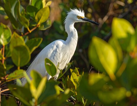 Snowy Egret Posing Gracefully Amidst Lush Green Foliage in Natural Habitat