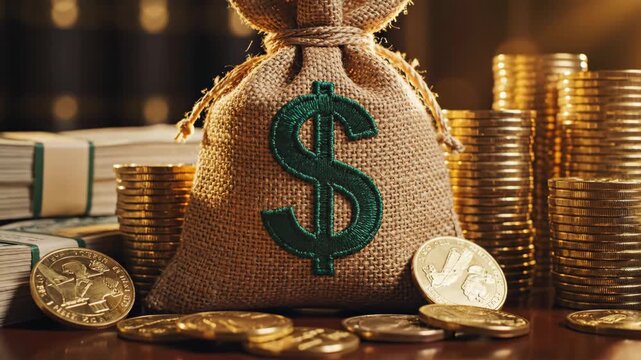 Money Bag with Coins and Cash - A small burlap money bag with a prominent dollar symbol is surrounded by stacks of coins and bundles of cash.
