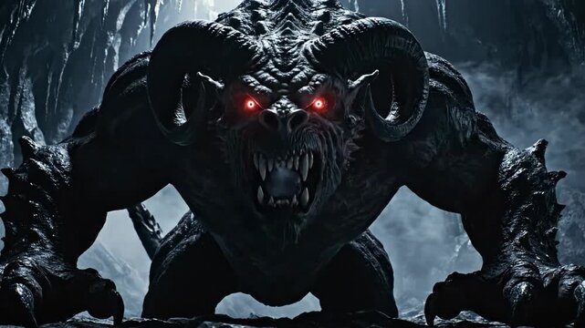 Shadow Monster with Glowing Eyes - A menacing, hulking monster lurks in the shadows, its glowing red eyes piercing through the darkness. The creature has large horns and sharp teeth, ready to attack.