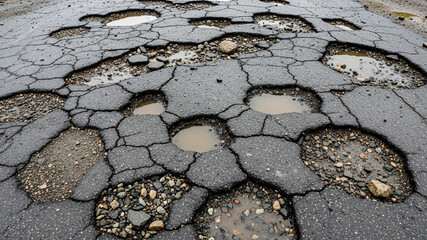 A badly damaged asphalt road surface filled with numerous potholes and cracks, showcasing poor infrastructure and hazardous driving conditions