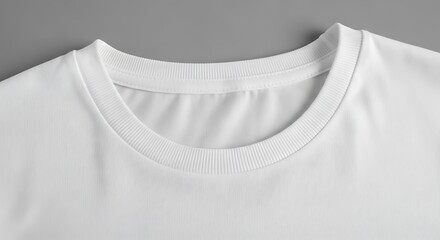Closeup of a clean white tshirt collar, round neckline, highlighting fabric texture against grey background, perfect for mockups