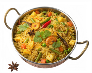 Indian vegetable biryani in balti dish shot from topview and isolated
