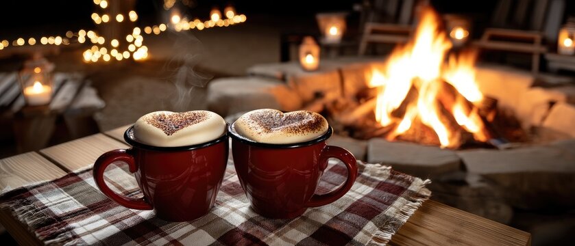 Two red mugs of hot chocolate with heart-shaped foam sit on a checkered tablecloth by a fire pit at a campsite during a romantic night setting