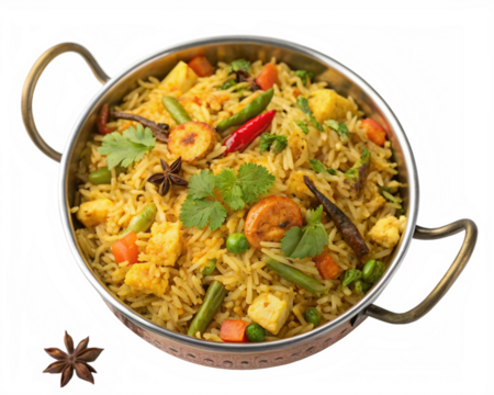 Indian vegetable biryani in balti dish shot from topview and isolated