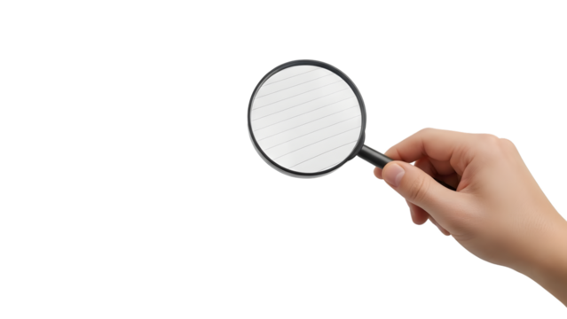 Hand holding magnifying glass over lined paper with clear focus on the lens isolated on a transparent background