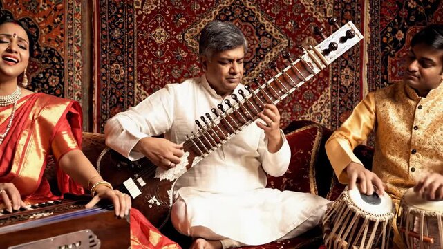 Indian Classical Music Performance - A group of three Indian musicians perform classical music. One plays the sitar, another plays the tabla drums, and a third sings and plays the harmonium.