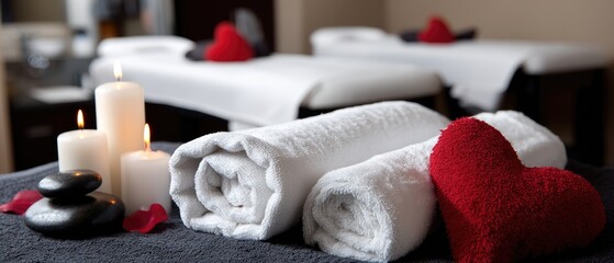 Romantic spa setting for Valentine's Day with towels and candles in a background of blurred massage tables