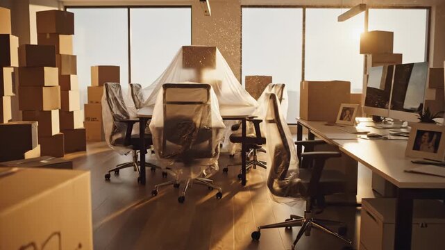 Office Relocation with Boxes and Covered Furniture - The video captures an office space in transition, filled with stacked cardboard boxes and furniture covered in protective sheets, suggesting a
