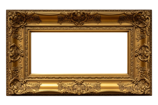 Ornate gold picture frame with detailed floral carvings on black background