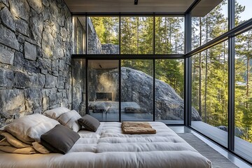 A cubic home with natural stone walls, large glass windows, and a neutral color palette that blends harmoniously with the environment 